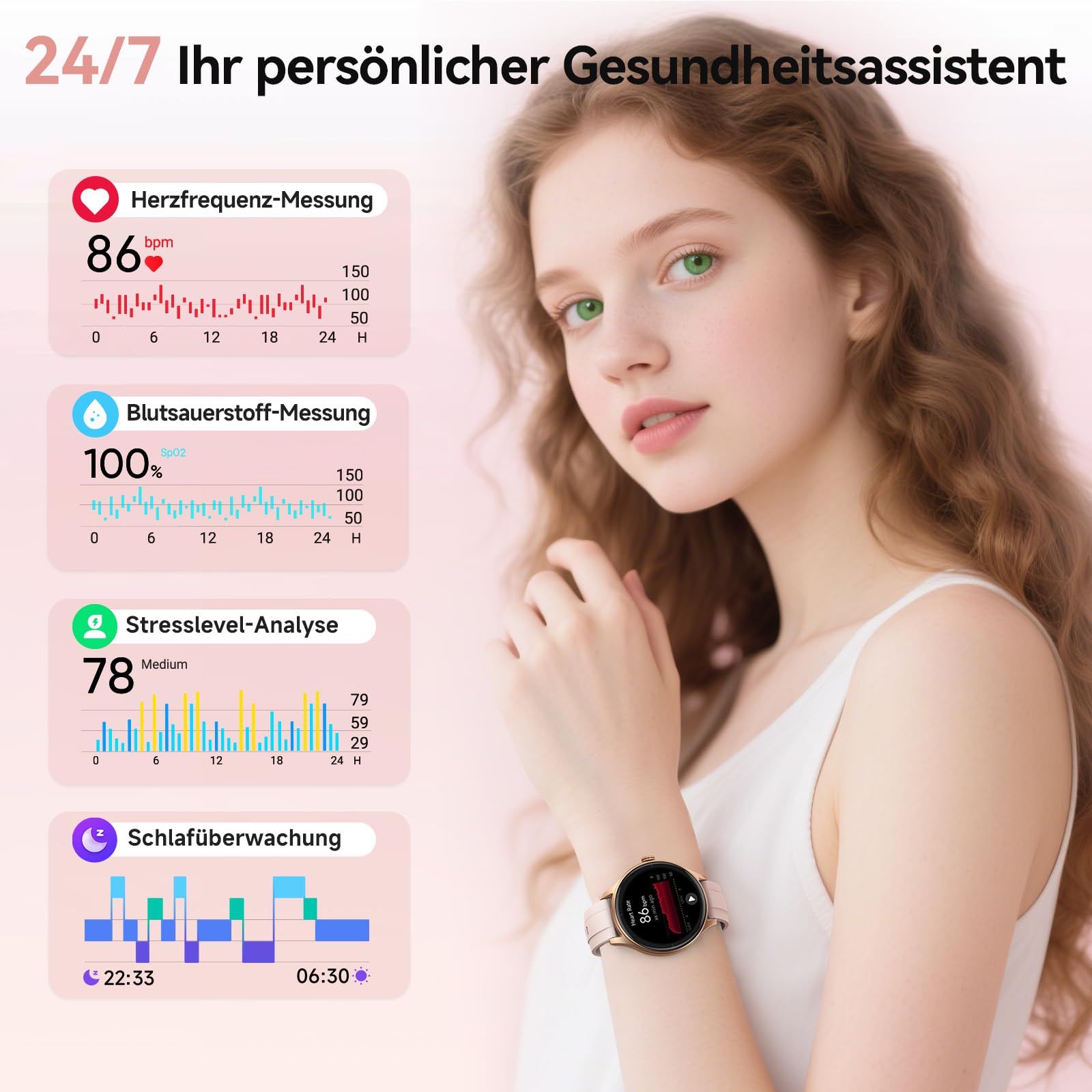 Smartwatch Damen Rund, 1.57" Smart Watch mit Telefonfunktion/Whatsapp, Fitness Tracker mit Herzfrequenz/Schlafmonitor, Fitnessuhr Damen 120+ Sportmodi 3ATM Wasserdicht, Uhr für Samsung/Android/iOS