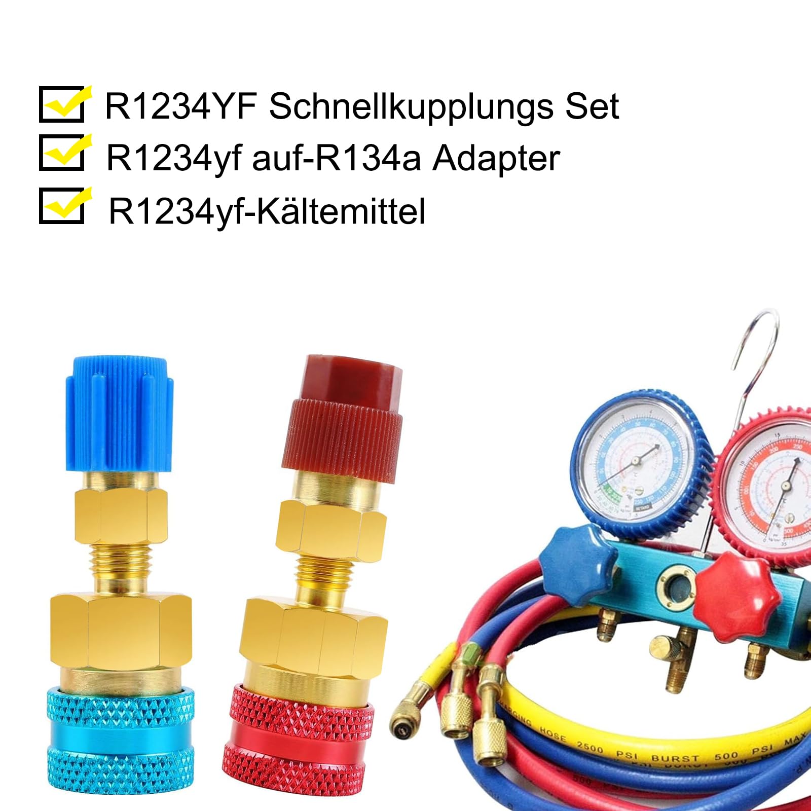 2 pezzi Adattatori R134a, set di innesto rapido, set di ricarica refrigerante, adattatore High-/Low-Side R134a su R1234yf per sistemi di climatizzazione auto, evacuazione e ricarica