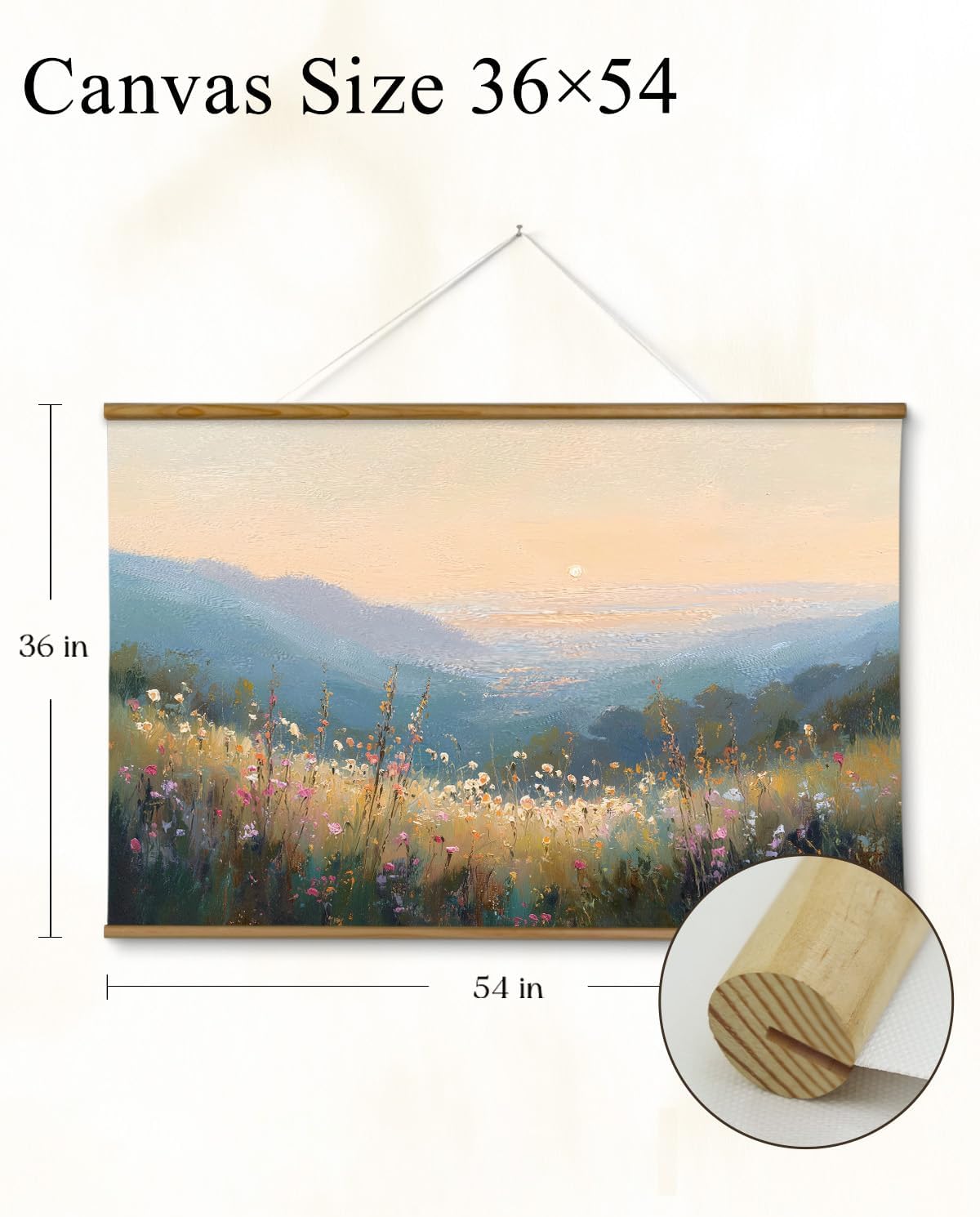 viyyiea extra large size canvas wall art, 36x54 inch sunset mountain valley with wildflowers scroll painting, oversized landscape wall hanging for living room, bedroom, or cabin decor sunlit hills beyond the blooming flowers 54"l x 36"w