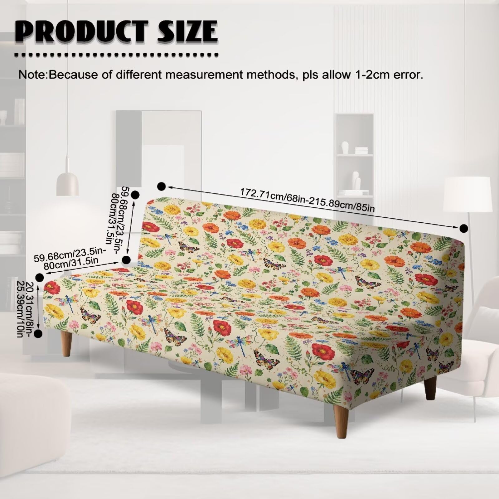 Xoenoiee Funda para futón, funda de sofá sin brazos, funda elástica para sofá, funda de sofá lavable, protector de muebles, mariposa y libélula floral
