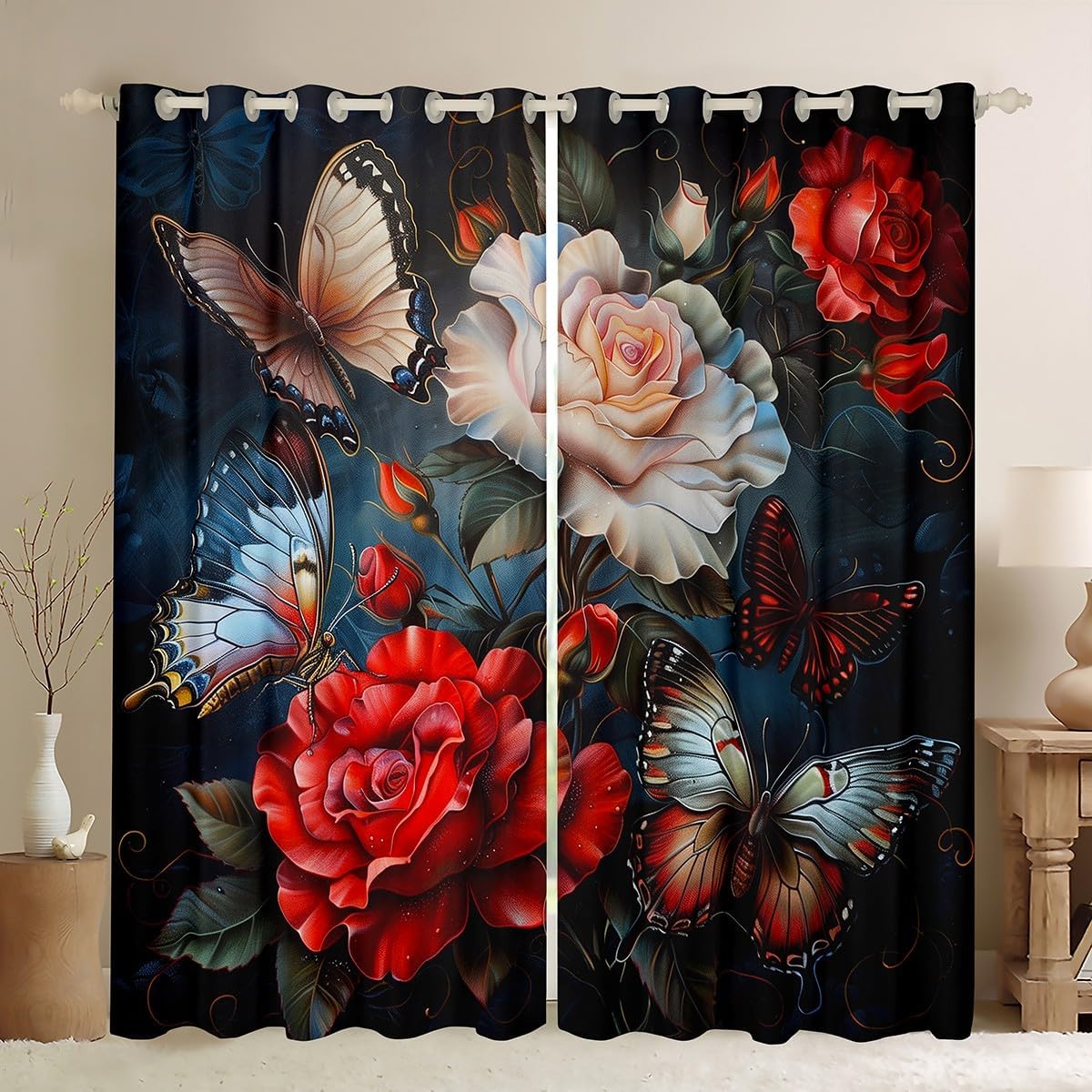 Erosebridal Butterfly Curtains for Living Room,Red Rose Curtains & Drapes Romantic Flowers Blackout Curtains 2 Panels 38" Wx45 L,Rustic Aesthetic Animal Window Curtains