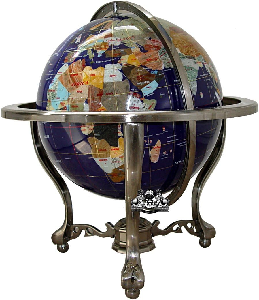 Unique Art 21-inch Tall Blue Lapis Ocean Table Top Gemstone World Globe with Silver Tripod and **Canada Divided Province Stone & USA State Stone**
