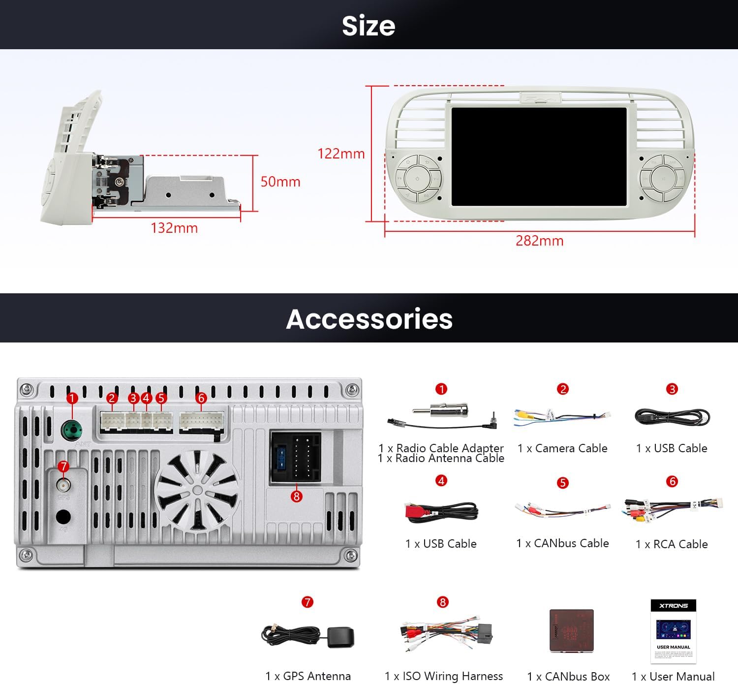 XTRONS Android 14 Car Stereo for Fiat 500 (2007-2015), 7 Inch Touch Screen Radio Replacement Head Unit Support GPS Navigation Bluetooth Built-in DSP CarPlay Android Auto 2+64GB (Cream)