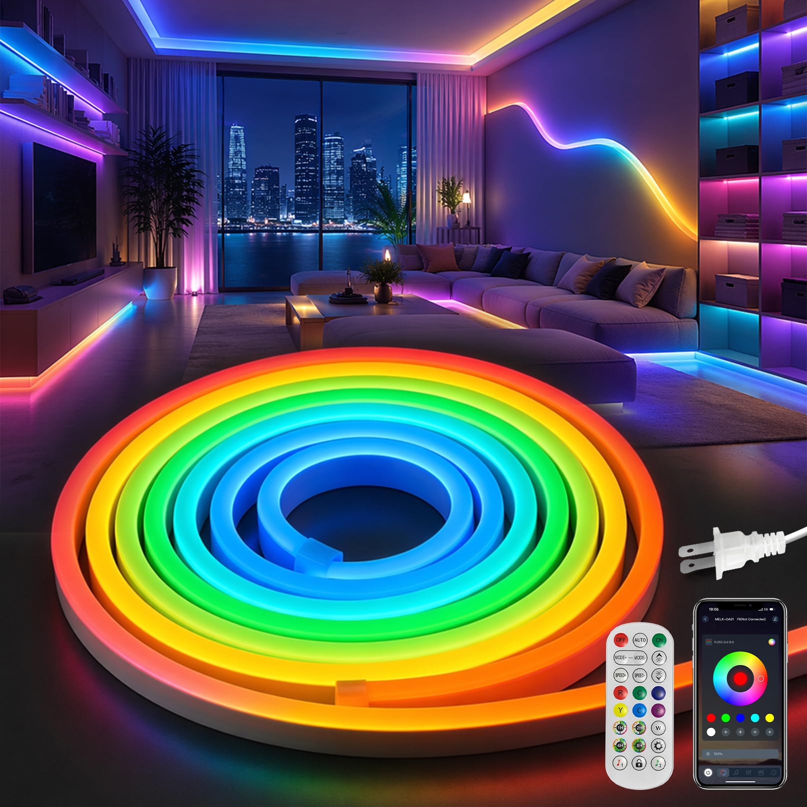 Photo 1 of VOEWT LED Neon Lights,IC+RGB 98.4FT Rope Lights Control with App/Remote,Multiple Modes,DIY Design,Outdoor IP65 Waterproof,24V Flexible LED Strip Lights for Bedroom,Gaming,Party Decoration