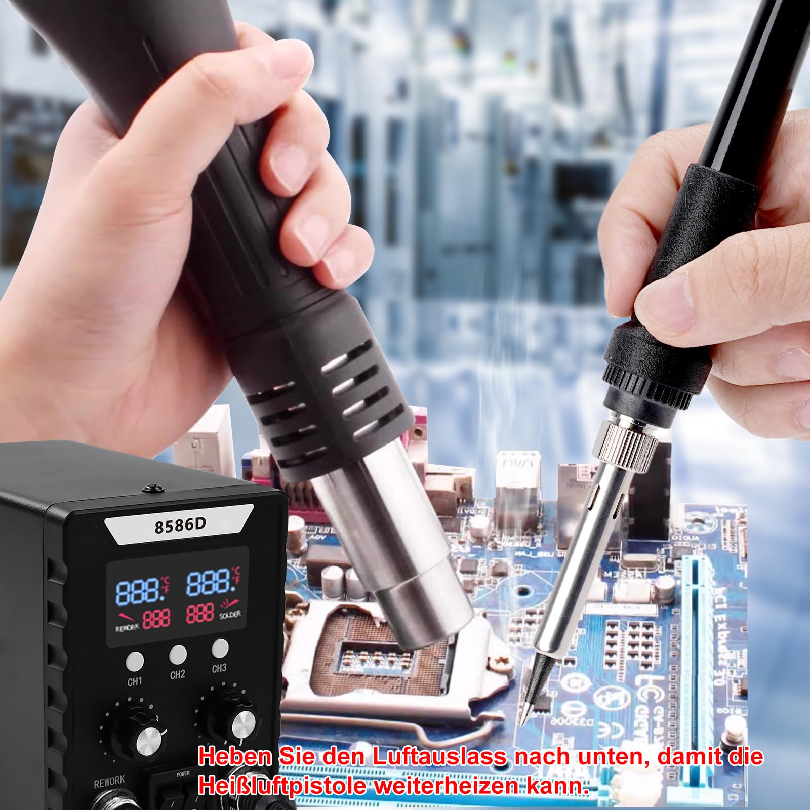 Profi Lötstation, 2 in 1 Heißluft Lötstation Lötkolben Set 8586D, Einstellbare Temperatur 180℃-500℃ mit 3 Luftdüsen für Elektrische Arbeiten Elektronische Reparatur