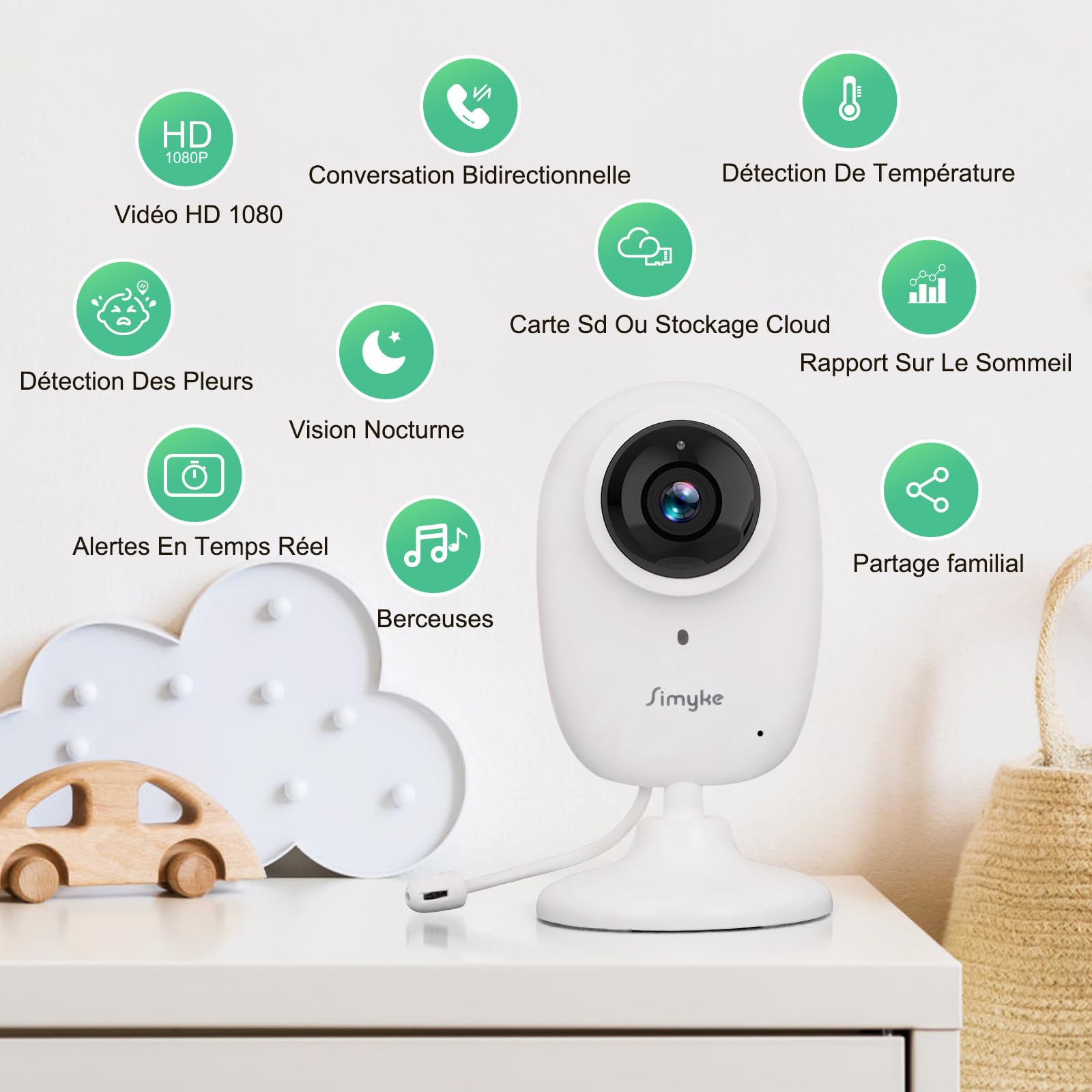 Simyke Babyphone, Caméra Bébé WiFi 1080p, contrôle app, Vision Nocturne, Notifications en Temps réel, Lecture vidéo avec Stockage Cloud ou Carte SD, Capture Automatique et Alerte de sécurité