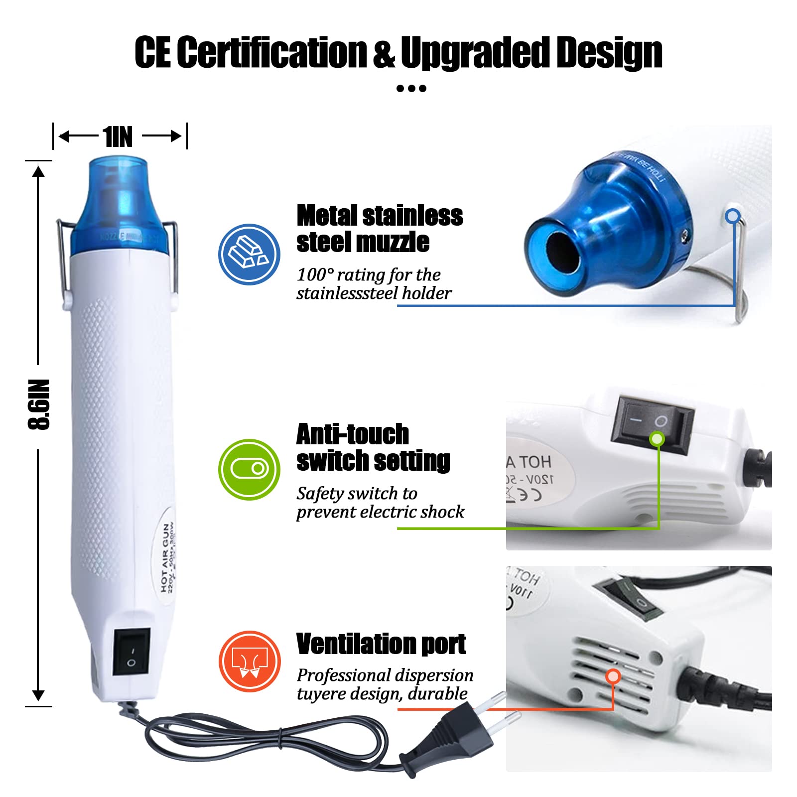 Hersmay 300W Mini Hot Air Gun Shrink Heat Tool Embossing Powder Set Heat Gun Temperature Heat Gun Application DIY For Drying Paint, Rubber Stamp, Heating Small Clay Works - View #13