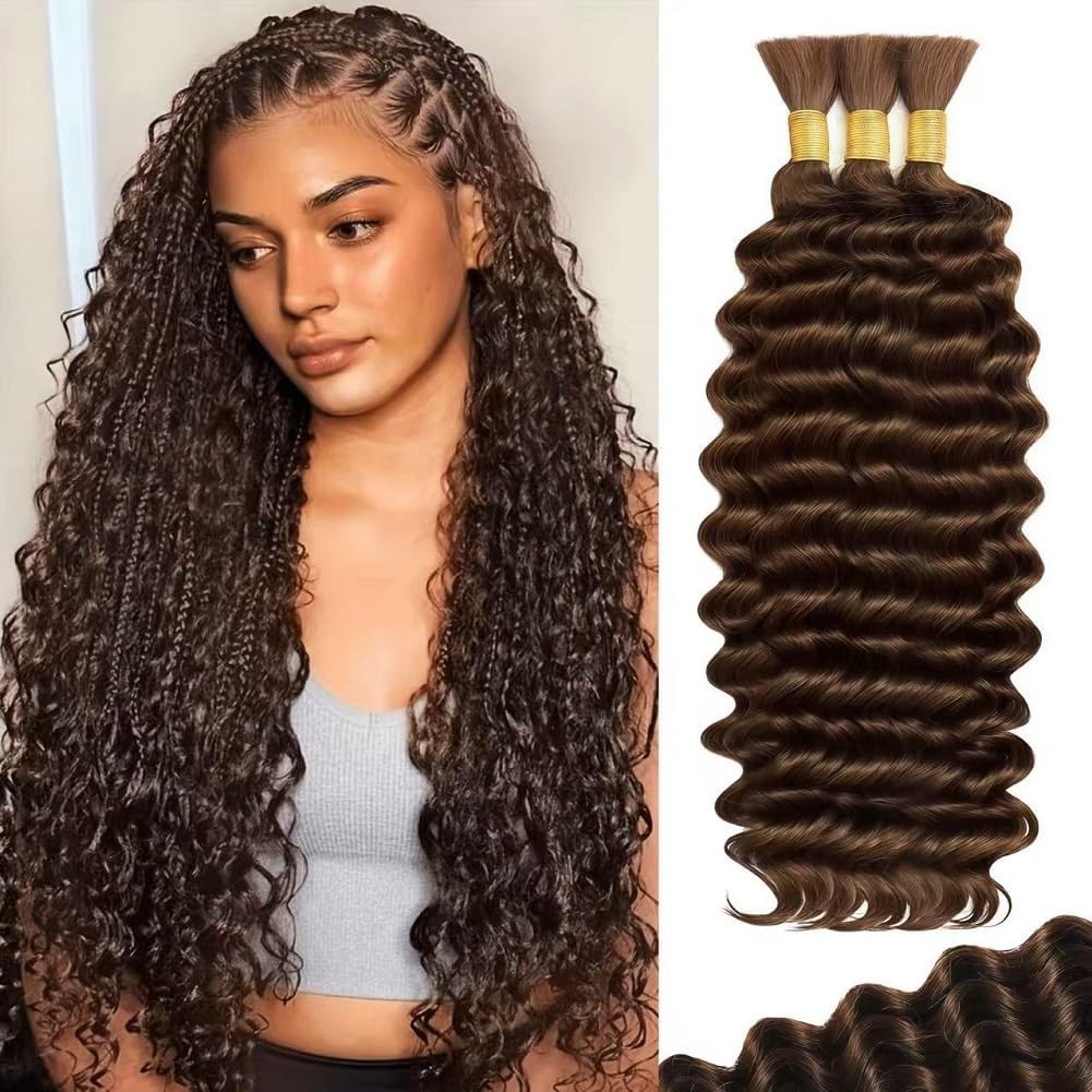 100 Percent Human Boho Braiding Hair Deep Wave Bulk Boho Hair for Braiding Curly Bundles Human Hair for Boho Braids Wet and Wavy Braiding Hair Extension No Weft (20inch,#4 Natural Brown)