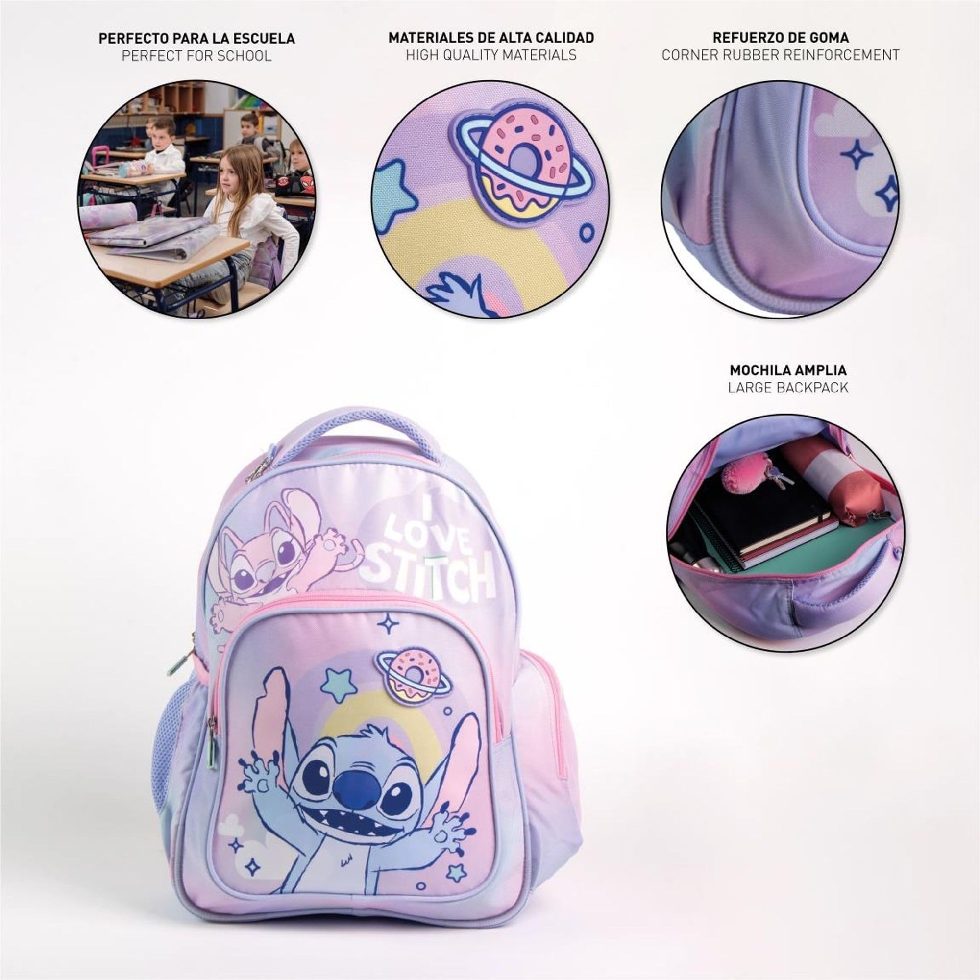 Zaino originale Disney Stitch per bambini con design rosa e viola | Zaino scolastico Stitch grande per bambini e bambine della scuola materna e elementare, resistente e leggero