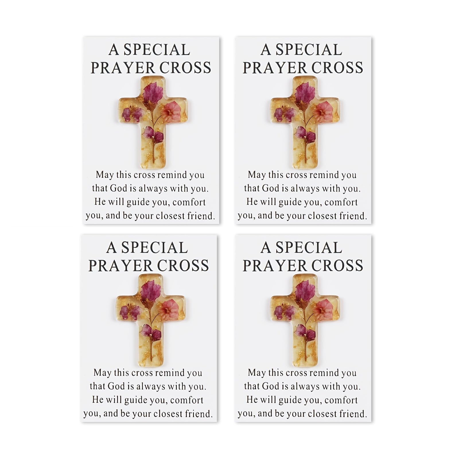 Susfyhya 4Pcs Floral Crosses Set, Acrylic Crosses with Inspirational Prayer Cards Keepsake, Religious Pocket Cross for Baptism Easter Comfort, Christian Gifts for Women Men