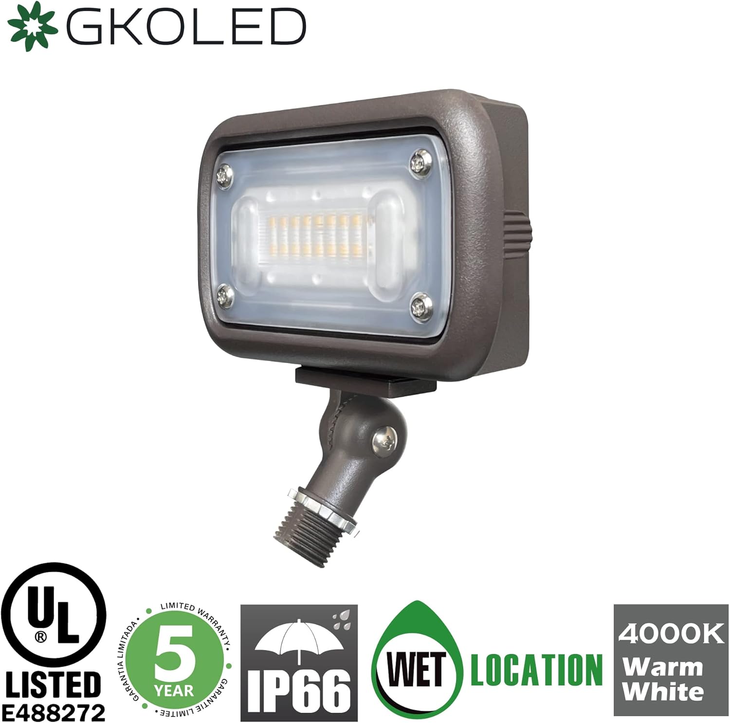 GKOLED 15W Outdoor LED Flood Security Lights, Waterproof Landscape Lighting, 50W PSMH Equivalent, 1500 Lumens, 4000K Cool White, 1/2" Adjustable Knuckle, Compact Size, UL-Listed