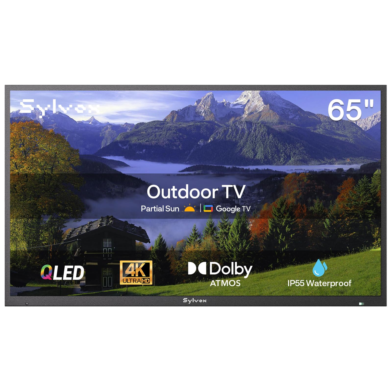 SYLVOX 65-Calowy Telewizor zewnętrzny, 4K UHD QLED 1000 nitów, Smart Google TV IP55 wodoodporny, HDMI, DVB-T2/S2/C, USB, WiFi, Asystent Google, Outdoor TV do Basenu, Ogrodu, Tarasu (Deck Pro 2.0 QLED)