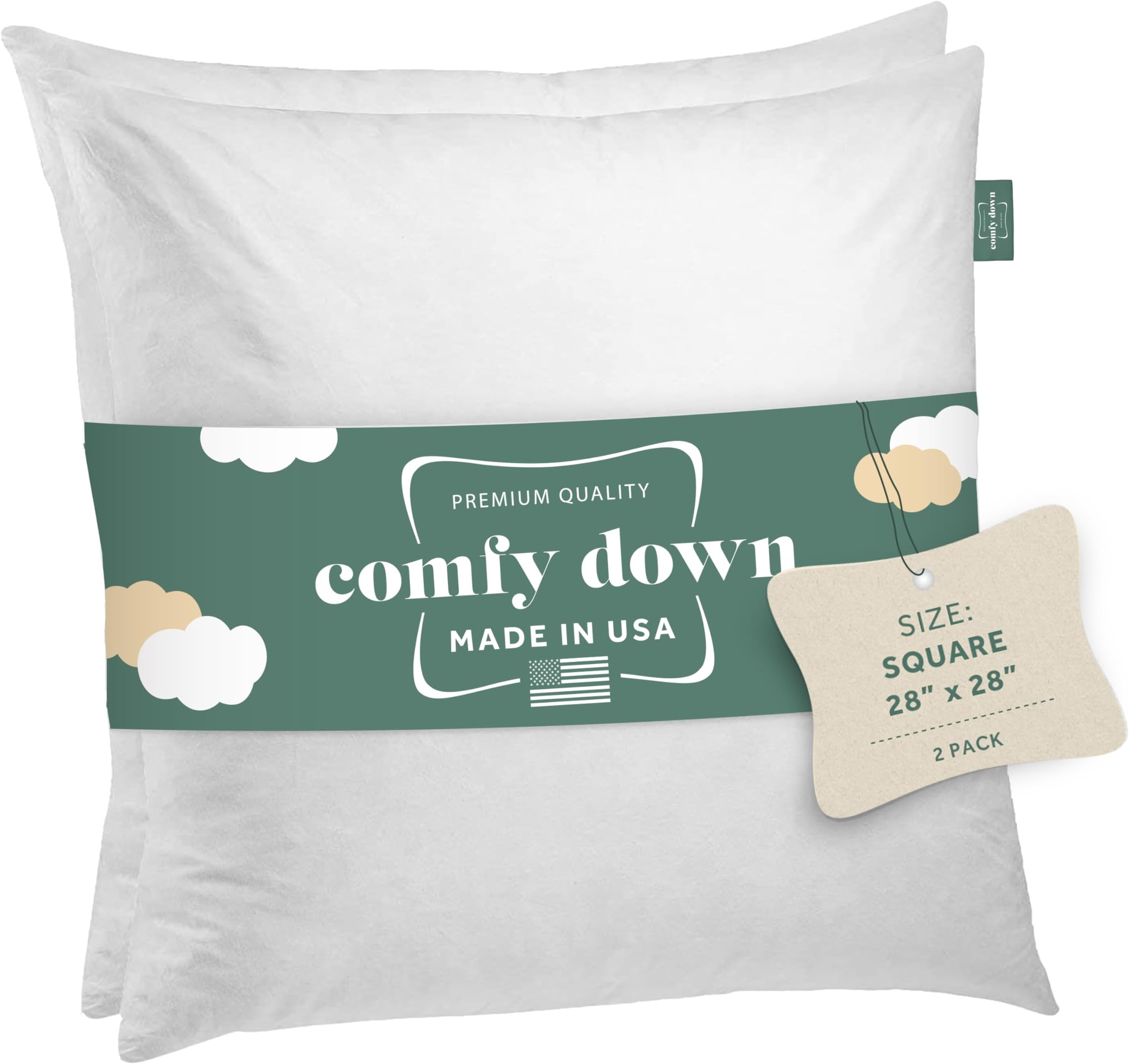 28x28 Decorative Throw Pillow Insert, Down and Feathers Fill, 100% Cotton Cover 233 Thread Count, Square Pillow Insert - Made in USA (Set of 2)
