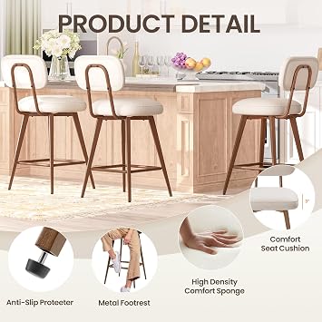 MALOL 26 Mid Century Leather Swivel Bar Stools Set of 2, Beige