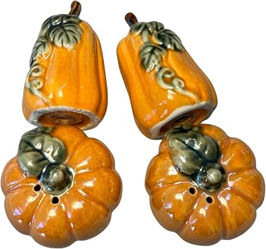 Ceramic Pumpkin and Squash Salt and Pepper Shakers, Orange, Glazed, Fall Harvest Theme, Set of 2 Pairs