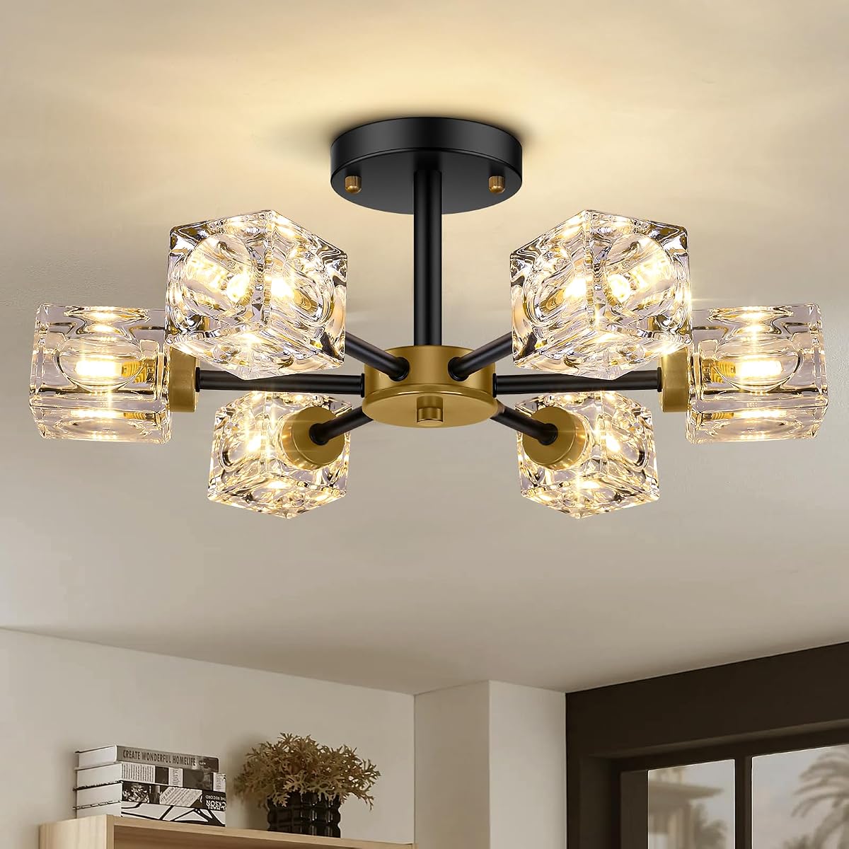 Black Modern Chandelier, 6-Light Crystal Semi Flush Mount Ceiling Light
