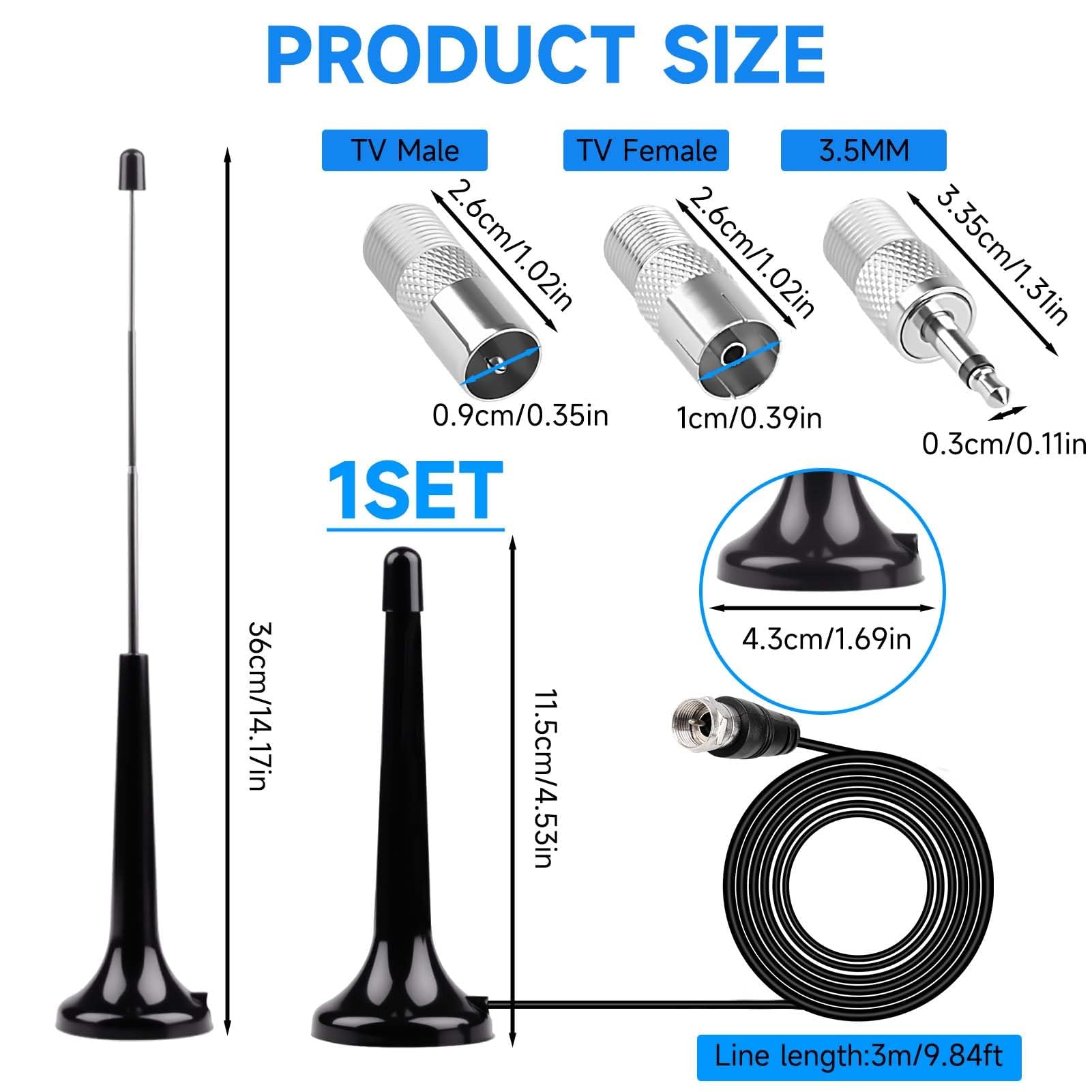 Antenne Radio FM Dab Intérieure 75 Ohm avec Base Magnétique - Antenne Télescopique Haute Réception pour Chaîne HiFi, Récepteur AV, Tuner Stéréo - Inclus 3 Adaptateurs (F Mâle/Femelle, 3.5mm) - 3