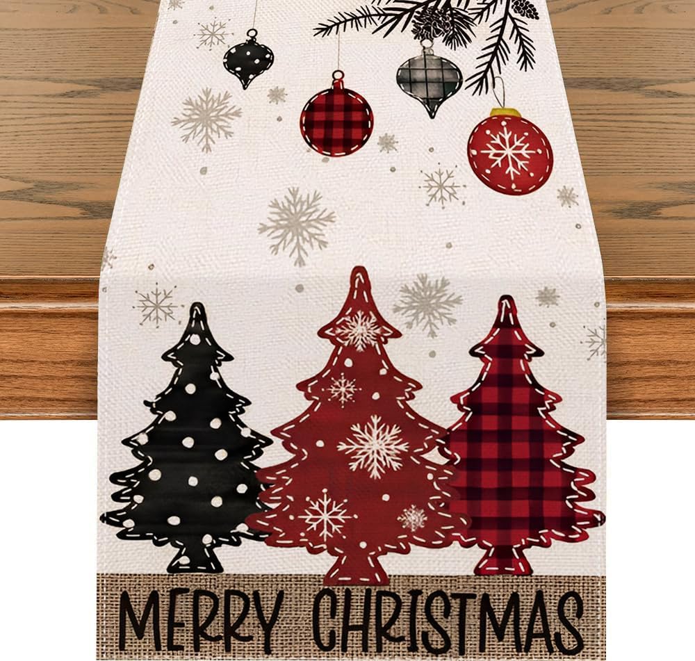72 x 13 Inch Christmas Table Runner – Red Pine Trees Merry Christmas Table Runner, Winter Xmas Holiday Kitchen Dining Table Decoration for Home Party Decor