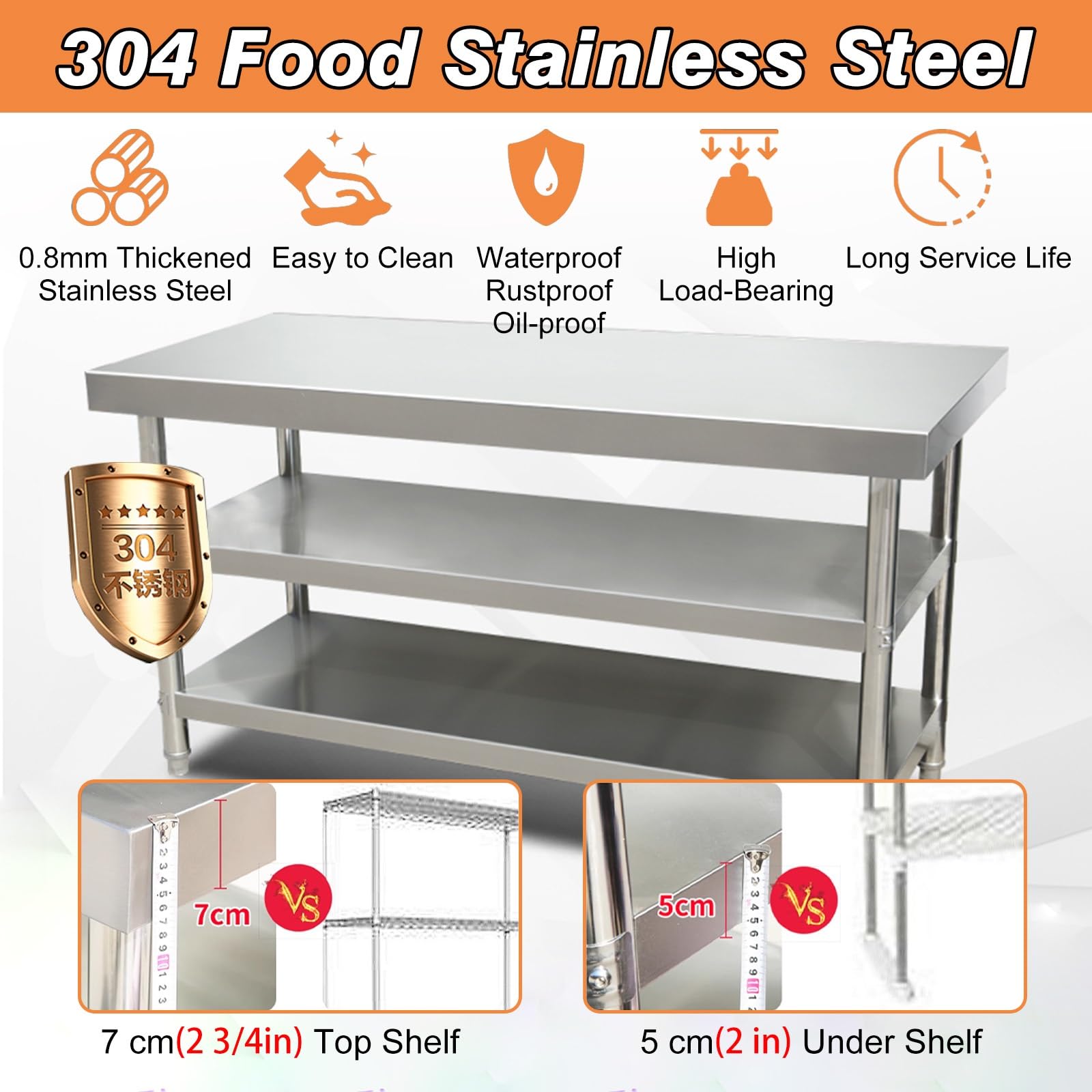 Mesa de trabajo de acero inoxidable, banco de preparación de cocina, 7 cm de grosor, ideal para taller, lavandería, garaje y catering