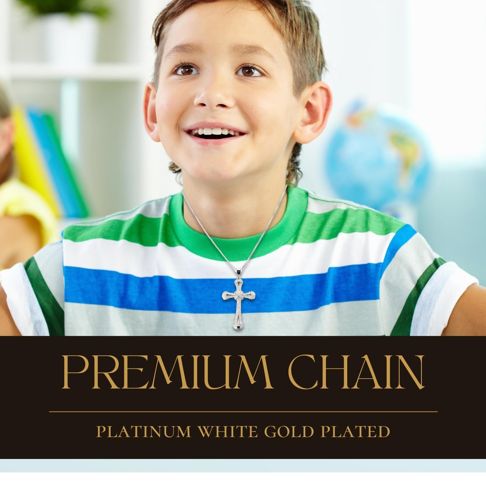 HALUKAKAH Collier Pendentif Croix pour Garçons, Enfants et Adolescents, 1,0 ct de Diamants Cultivés en Laboratoire, Plaqué Or Blanc Platine 925 Argent Sterling, Chaîne 40cm, Bijoux Religieux de Luxe