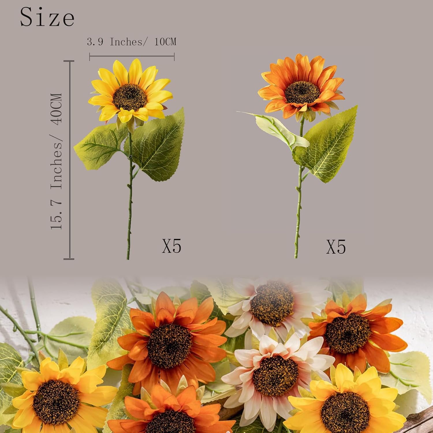 10 Pack Sunflowers Artificial Flowers - Realistic Fake Sunflowers for Home Decor, UV Resistant Silk Flowers for Wedding Centerpieces Farmhouse Office Outdoor Decoration (5 Yellow & 5 Orange) - Image 2