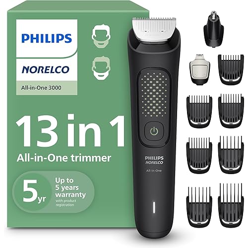 Philips Norelco All-in-One 3000 Series 13 in 1 Trimmer for Men, Beard Trimmer & Head Hair Clipper, Full Metal Self-Sharpening Blades & 8 Length Settings, MG3939/50