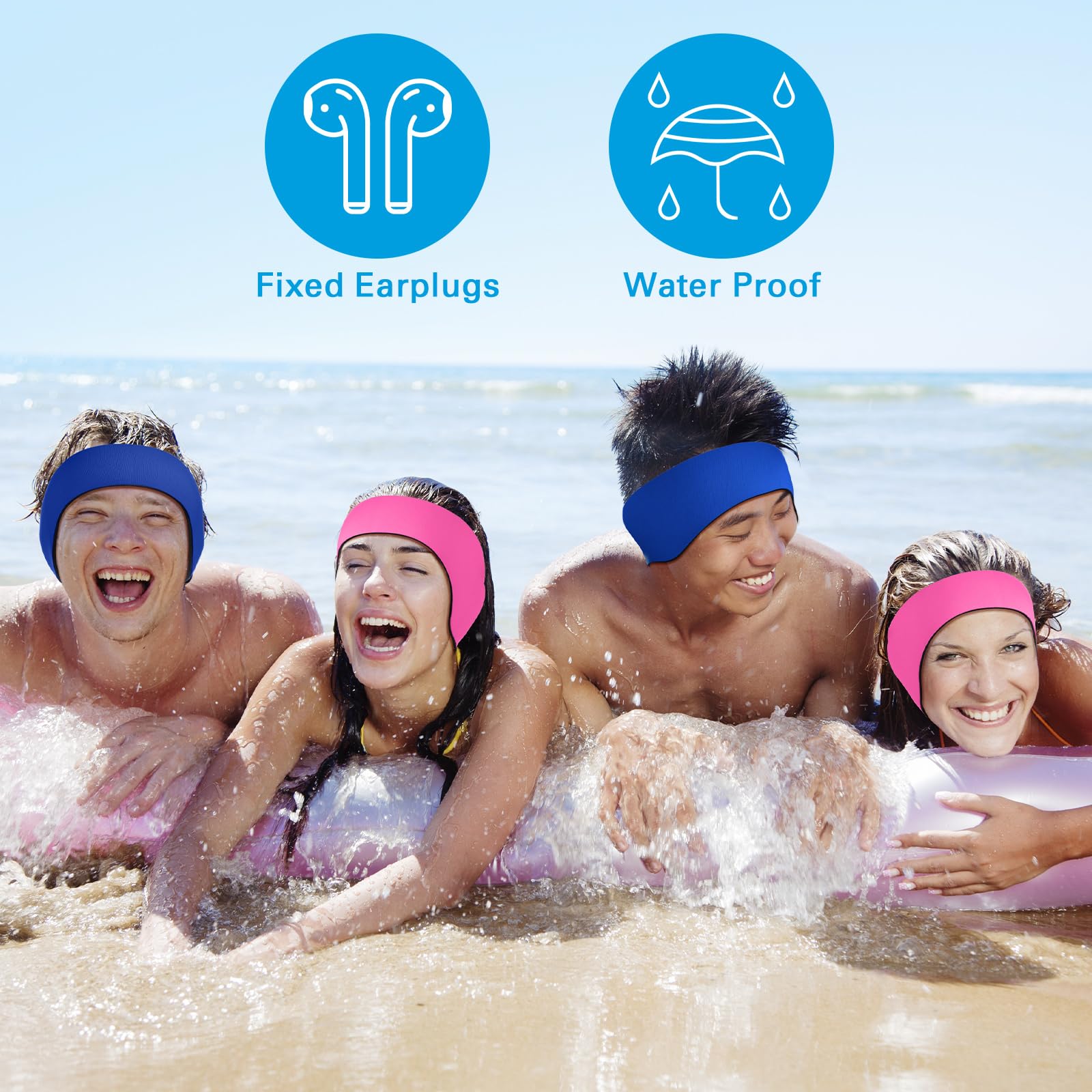 Lunmon 2 pares de diademas de natación ajustables para adultos, impermeables, tapones de seguridad para los oídos, protectores de natación para piscina, surf, buceo y deportes acuáticos (azul, coral)