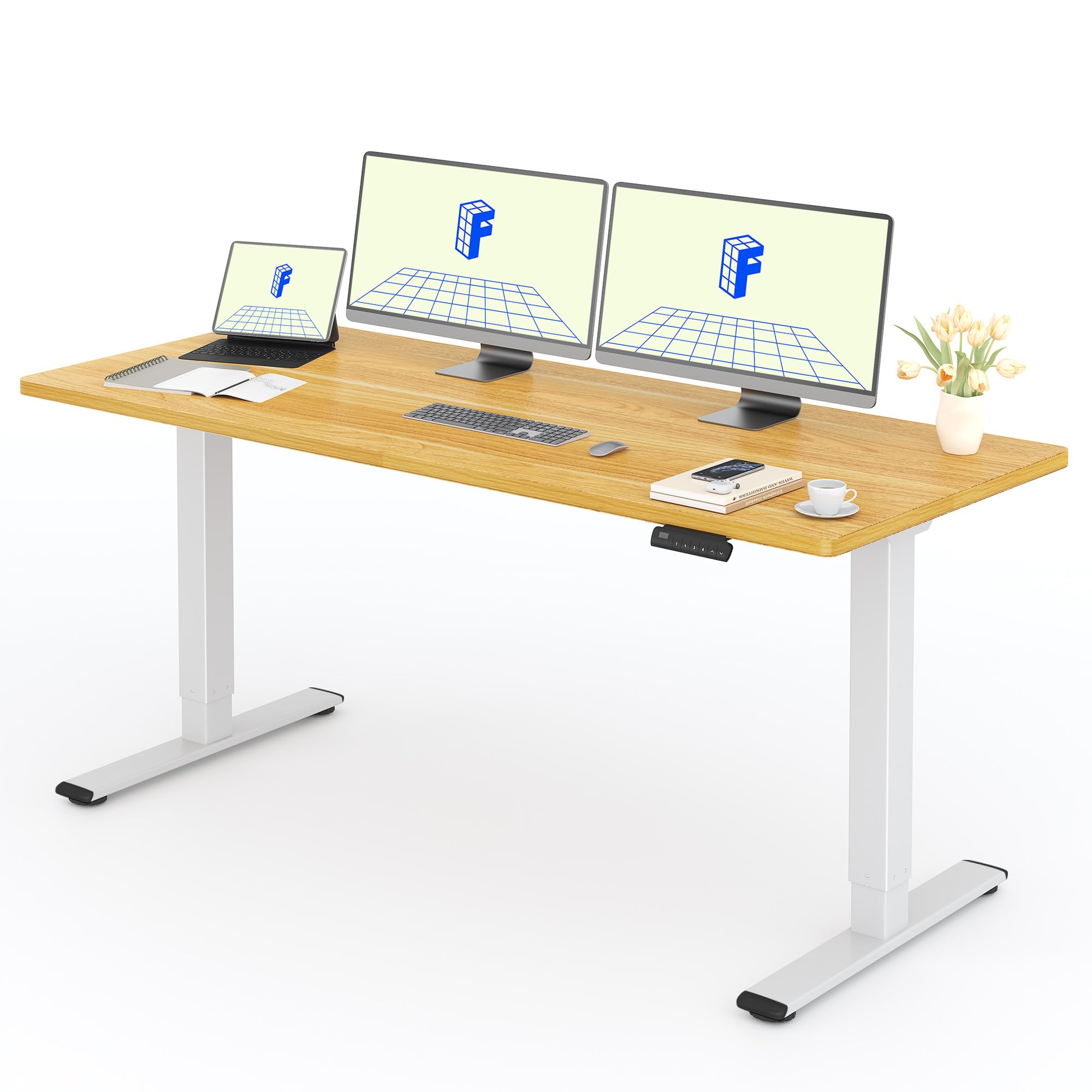 FLEXISPOT 2 Motor Escritorio Elevable Eléctrico 180x80 con Una Tabla de Mesa Completa, Mesa de Elevable con Panel de Memoria, Escritorio Eléctrico Regulable en Altura, 100KG de Carga, Blanco+Arce