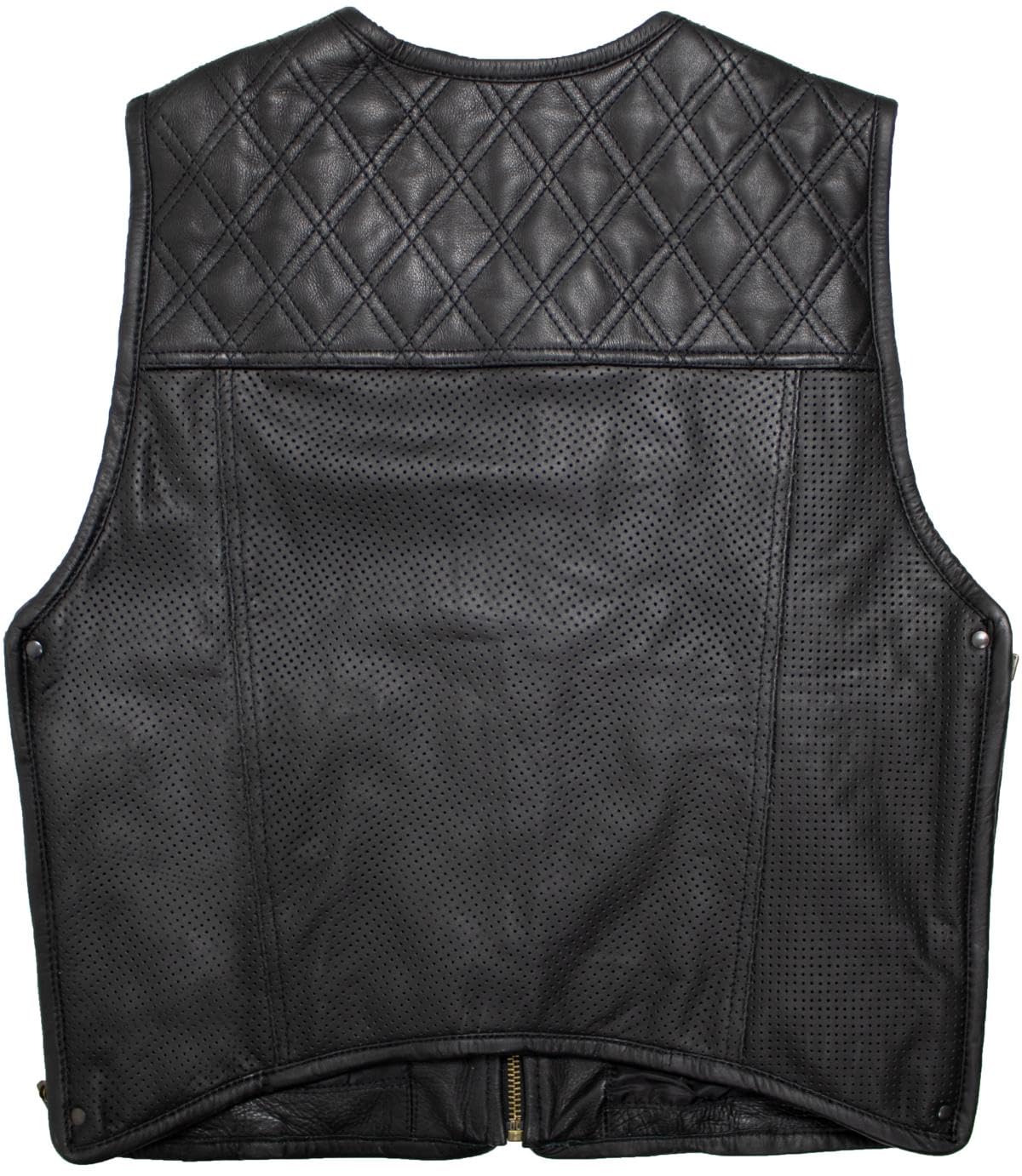 MDM Gilet pelle uomo biker in vera pelle traforata – Club Style, trapuntatura a rombi, nero, traspirante, ideale per moto e uso estivo