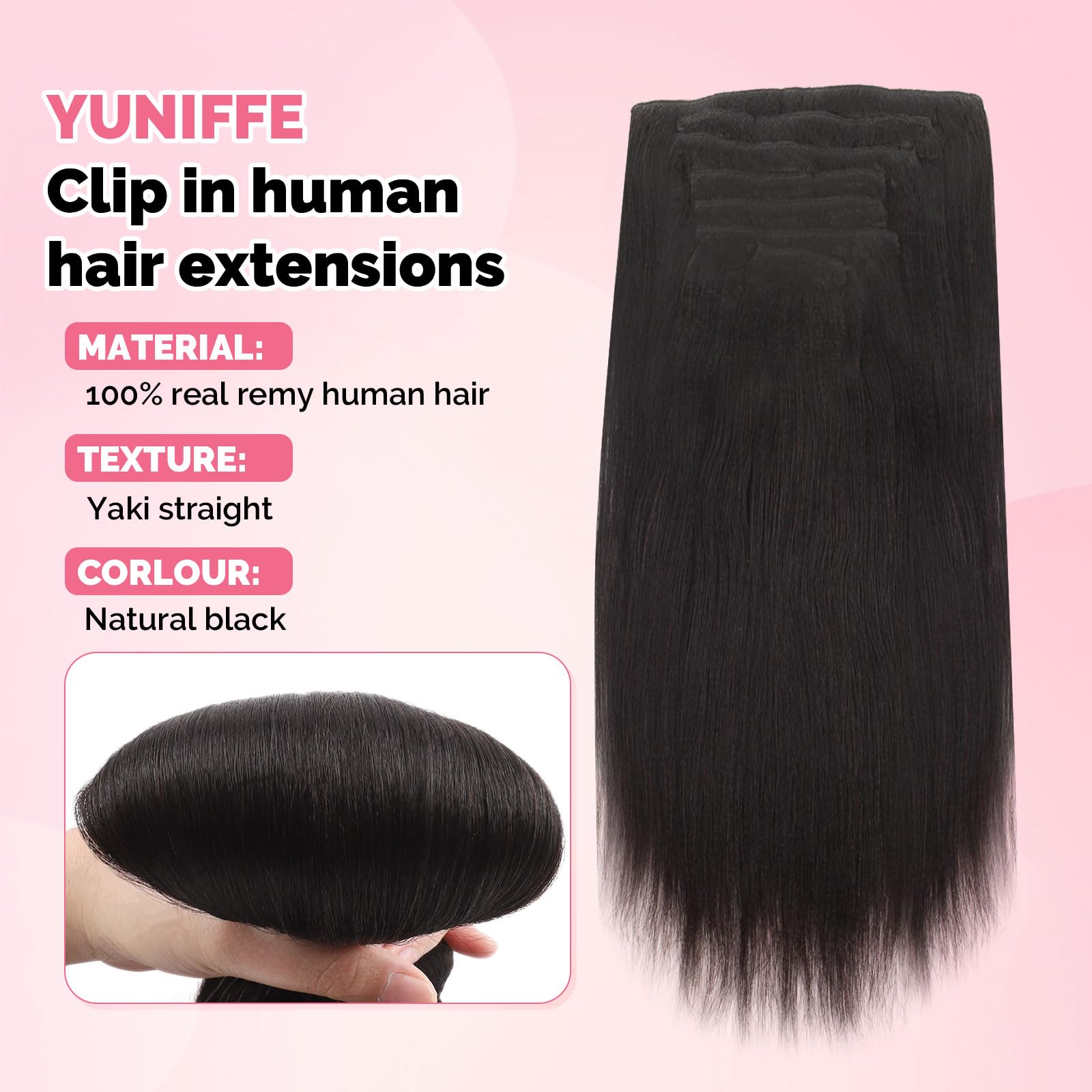 Yuniffe Yaki Straight Clip in Hair Extensions for Black Women Real Human Hair Extensions Clip ins #1B Natural Black Double Weft Remy Yaki Hair Clip ins Extensions 20 Inch 7Pcs 120g - Image 4
