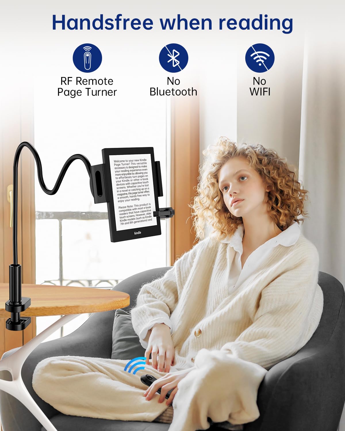 Kindle Halter mit Fernbedienung Seitenumkehrer - Freisprech-Leseständer für Bett, Schreibtisch, Laufband - Kompatibel mit Kindle Paperwhite, Oasis, iPad, iPhone und mehr