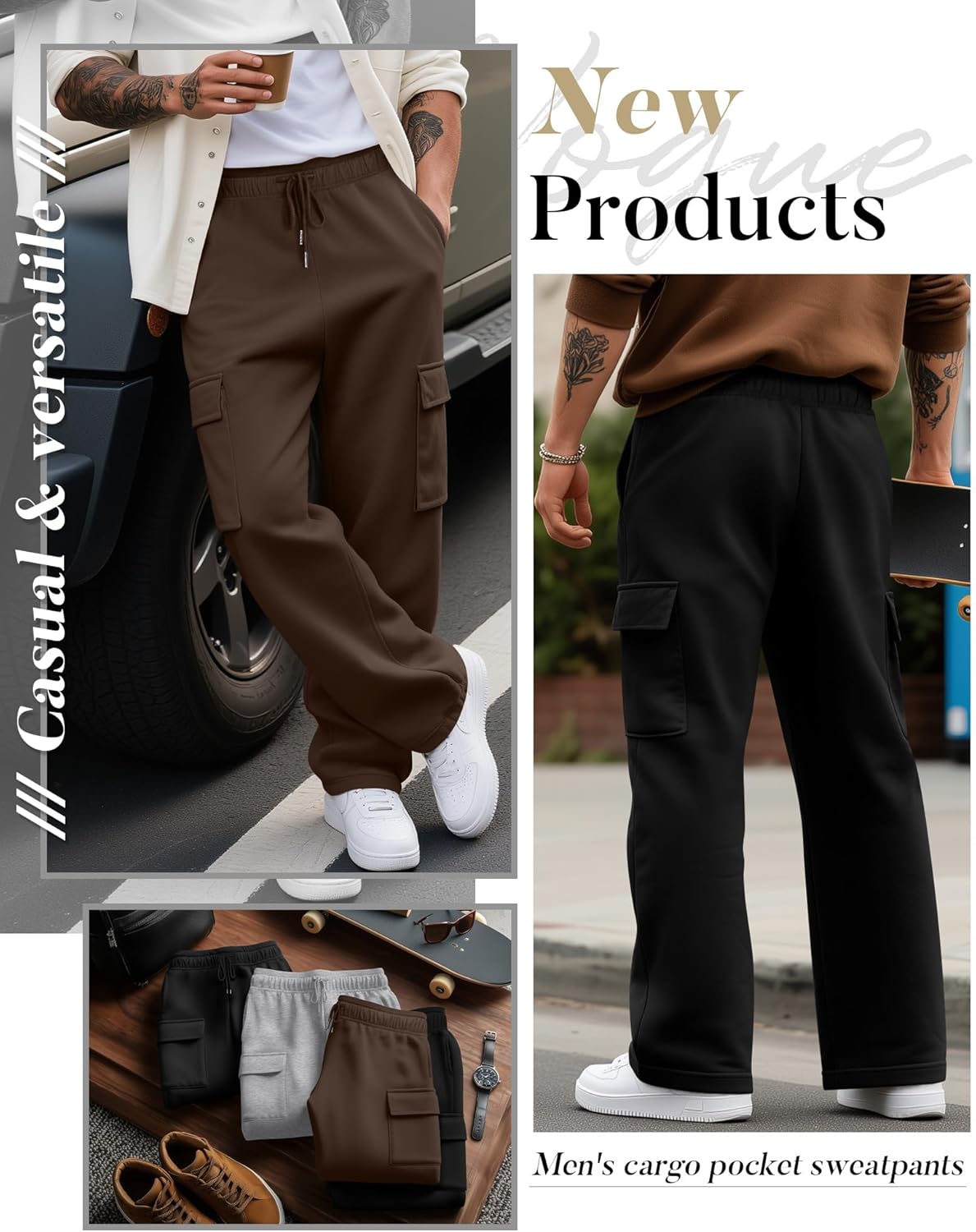 3 Pack Men's Cargo Sweatpants Drawstring Thin Straight Leg Pants Casual Baggy Open Bottom Jogger with Pockets - Image 2