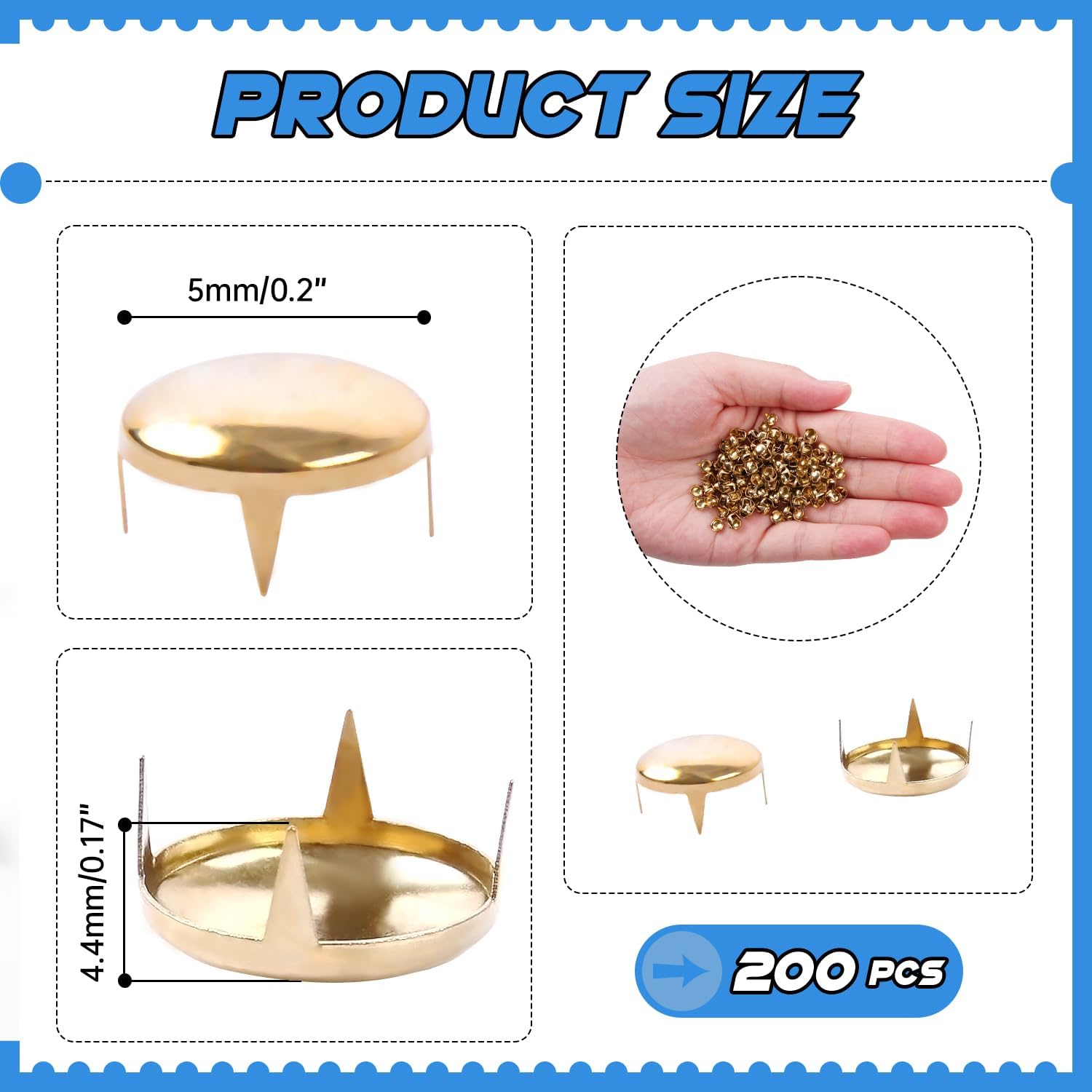 200Pcs 5mm Gold Round Dome Studs Nailhead Rivets for Punk Rock DIY Leather Craft, Clothes, Bags, Shoes, Bracelets