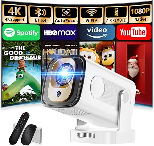 Proyector Enfoque automático y 1080P nativo y aplicaciones integradas Mini proyector portátil 1080P, 4K Full HD con WiFi 6 y Bluetooth 5.4, enfoque