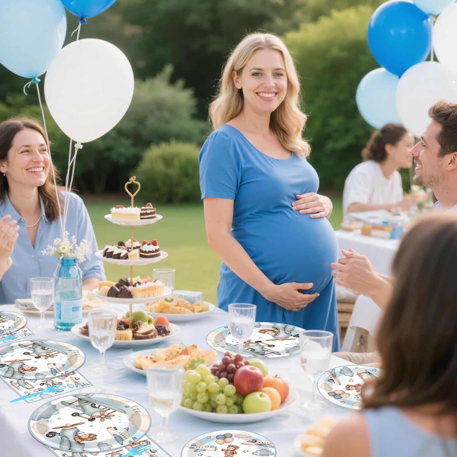 Airplane Baby Shower Decorations - 96 Pcs Blue Bear Plane Gender Reveal Party Supplies, Disposable Paper Plates Napkins Forks Tableware Set, Airplane Theme Birthday Party Decor for Kids Boys