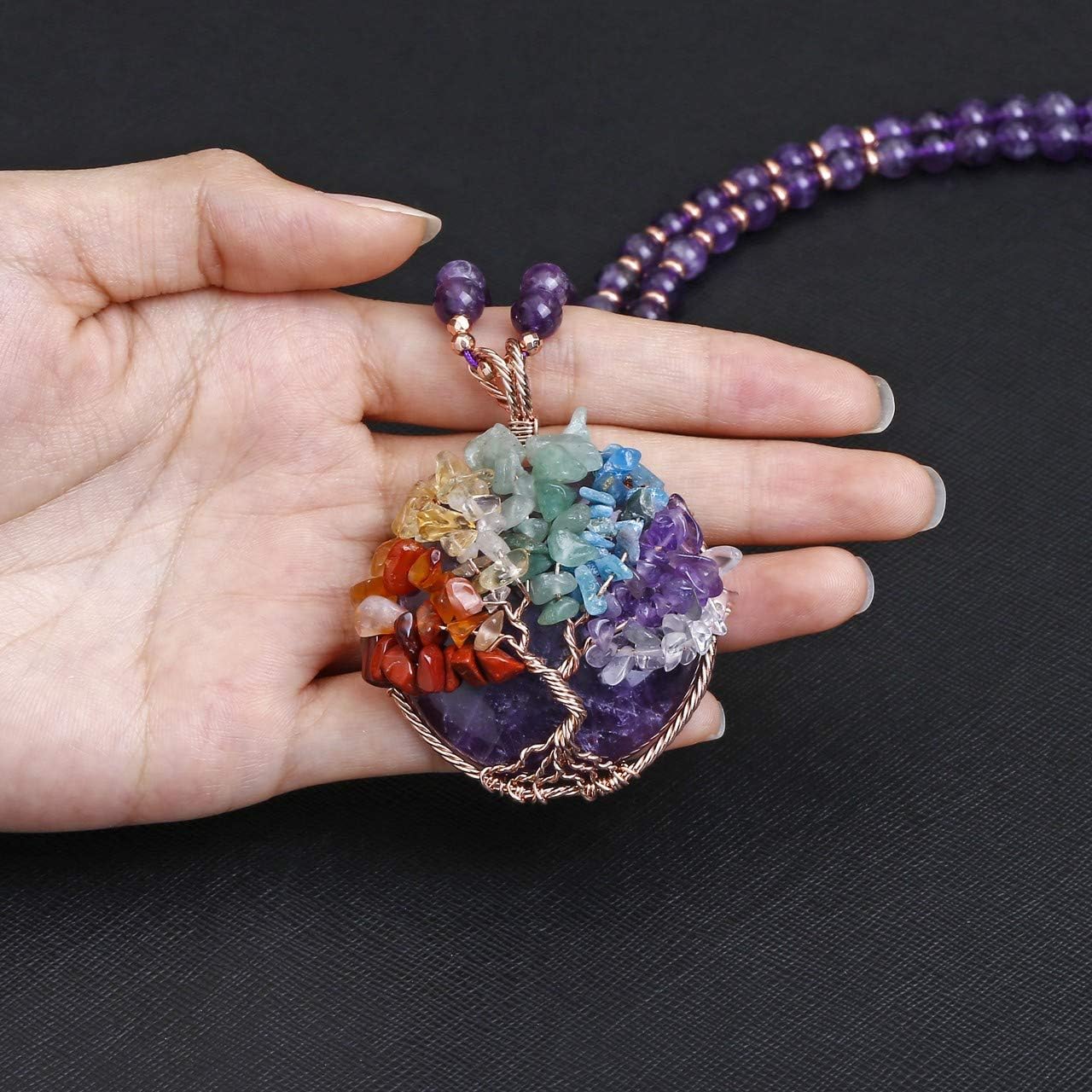 Top Plaza 7 Chakra Healing Crystal Natural Round Gemstone Pendant Necklace Life Tree Copper Wire Wrapped Beads Necklaces Reiki Jewelry for Women - Image 4