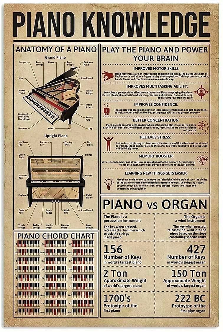 Piano Knowledge Metal Tin Sign Metal Signs, Fun Poster For Bar Kitchen Cafe Farmhouse Wall Decor 12x16 inch