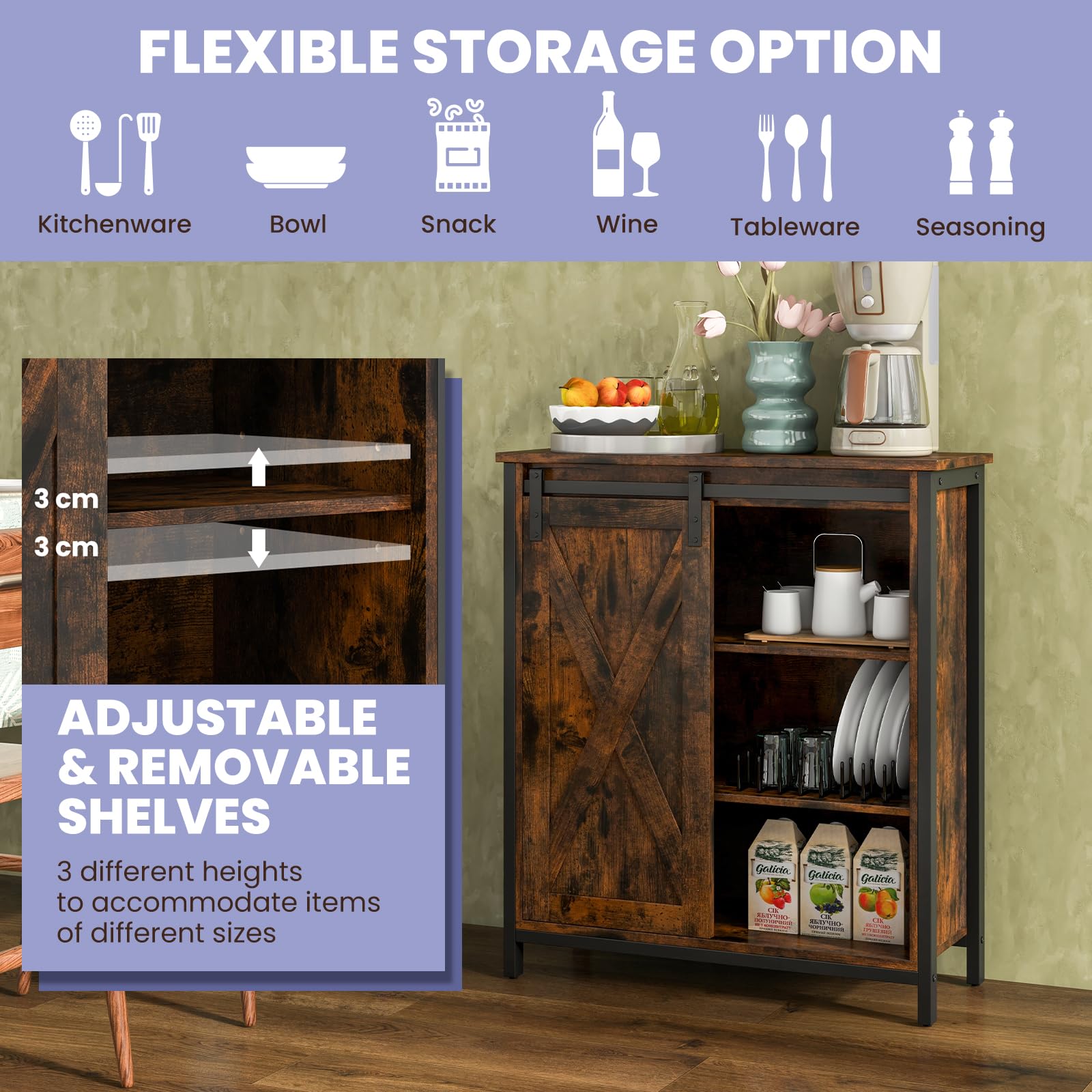 KOMFOTTEU Aparador de Cocina con Puerta Corredera de Granero | Mueble Buffet con 6 Compartimentos, Armario de Comedor con Estantes Ajustables de 3 Niveles, 70 x 30 x 81 cm