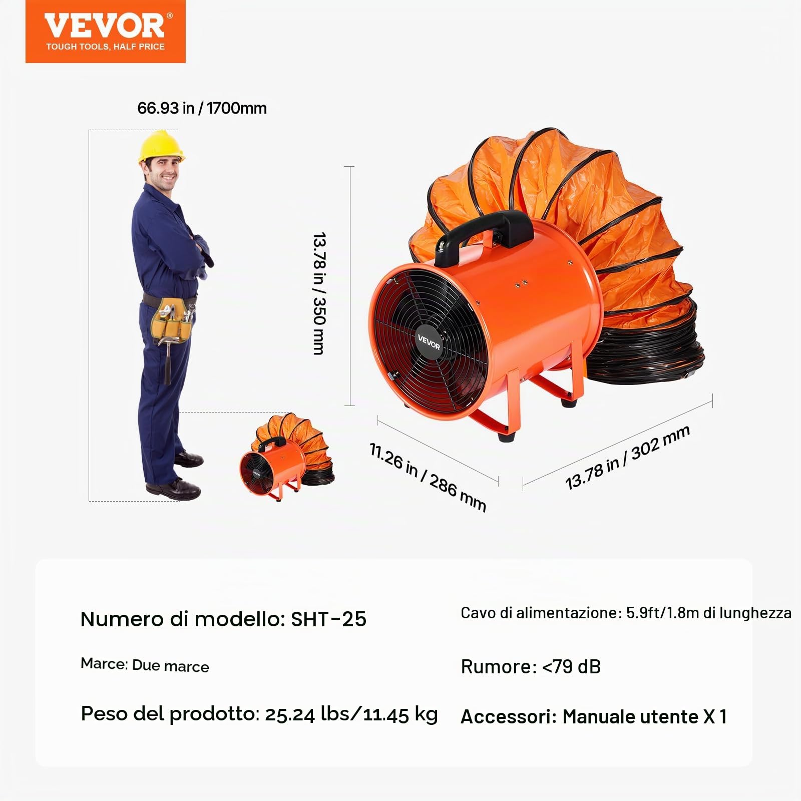 VEVOR Ventilatore Portatile, 300W Estrattore d'Aria Condotto Aspiratore Industriale 254 mm, Tubo Flessibile 10 m Volume d'Aria 1720 CFM (2922 m3/h) 2 Marce per Aspirare Polvere Fumo Impermeabile IP44