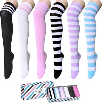 Striped Thigh High Socks - Christmas Over the Knee High Stockings for Women Teen Girls