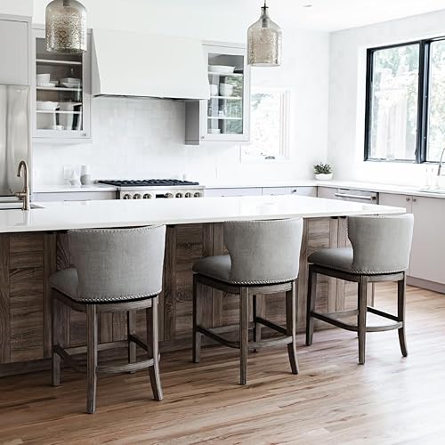 Miniatura 8 de Maven Lane Hugo Taburete de bar de 26 pulgadas de alto con respaldo bajo en acabado de roble recuperado con asiento tapizado de tela gris ceniza