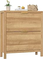 YomiluveDesign Fluted Oak Shoe Cabinet with 2 Flip Drawers - Tall Entryway Shoe Storage Organizer for Hallway