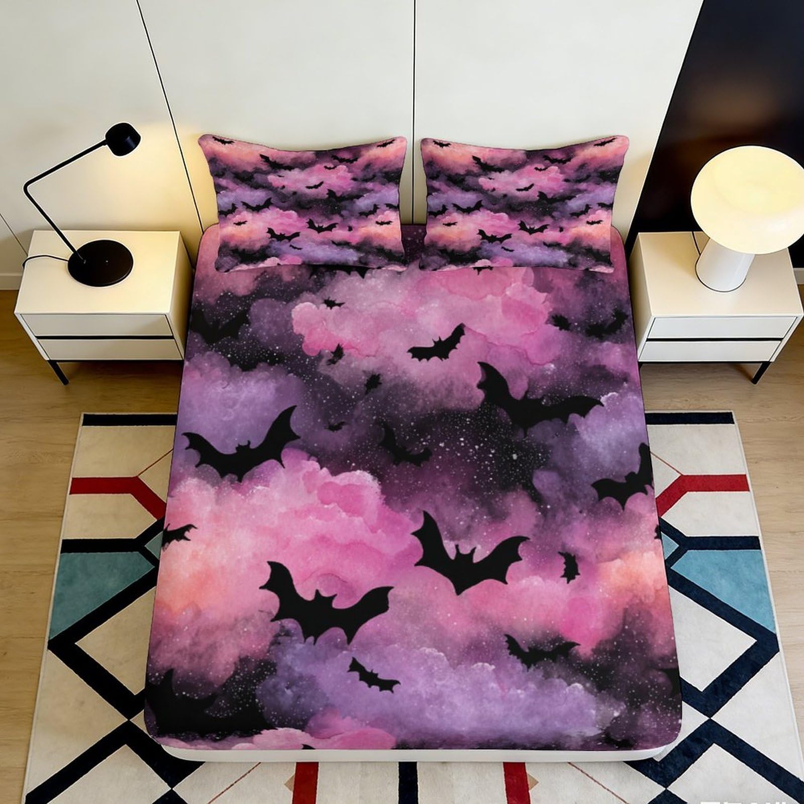 3D Printed Bat Cloud Fitted Sheet Microfiber Deep Pocket Bedroom Full Wrap Bat Pattern Mattress Fitted Cover Washable 140x200x25cm