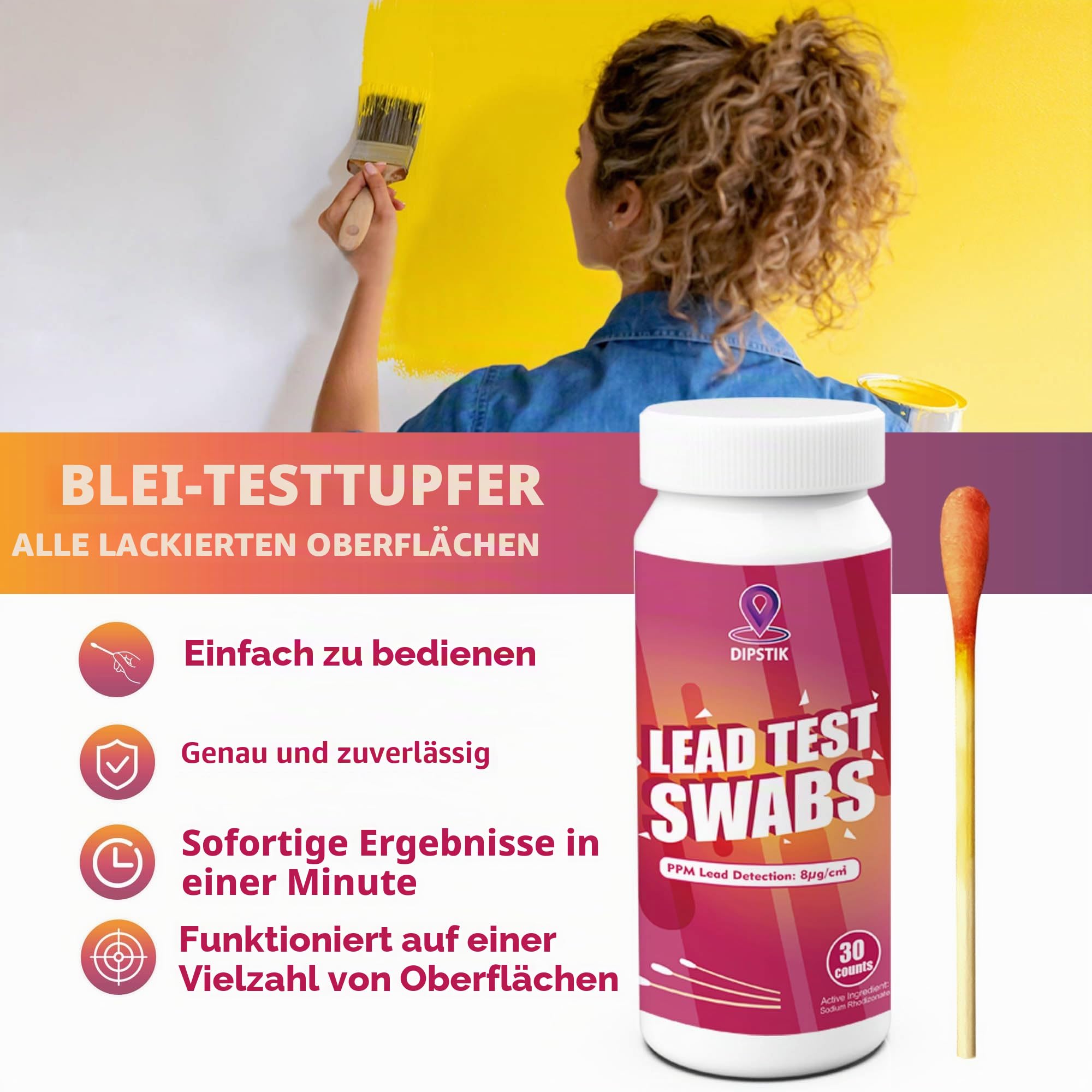 DIPSTIK Blei-Test-Set, 30 Stück, Blei-Teststäbchen, schnelle genaue Messleitung für alle lackierten Oberflächen, Geschirr, Möbel, Spielzeug, Holz