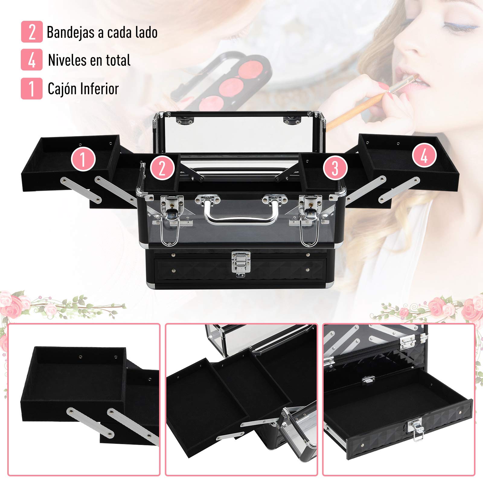 HOMCOM Maletín de Maquillaje Portátil 30x18,5x22 cm Transparente y Negro | Múltiples Niveles, Con Asa y Bandejas Desplegables, Aleación de Aluminio, Organizador Cosméticos