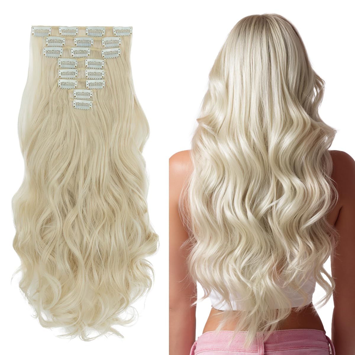 SEGO Pro Clip in Hair Extensions 8 Pcs 18 Clips Full Head Synthetic Fiber Hair Pieces for Women Curly 24 Inch (Bleach Blonde)