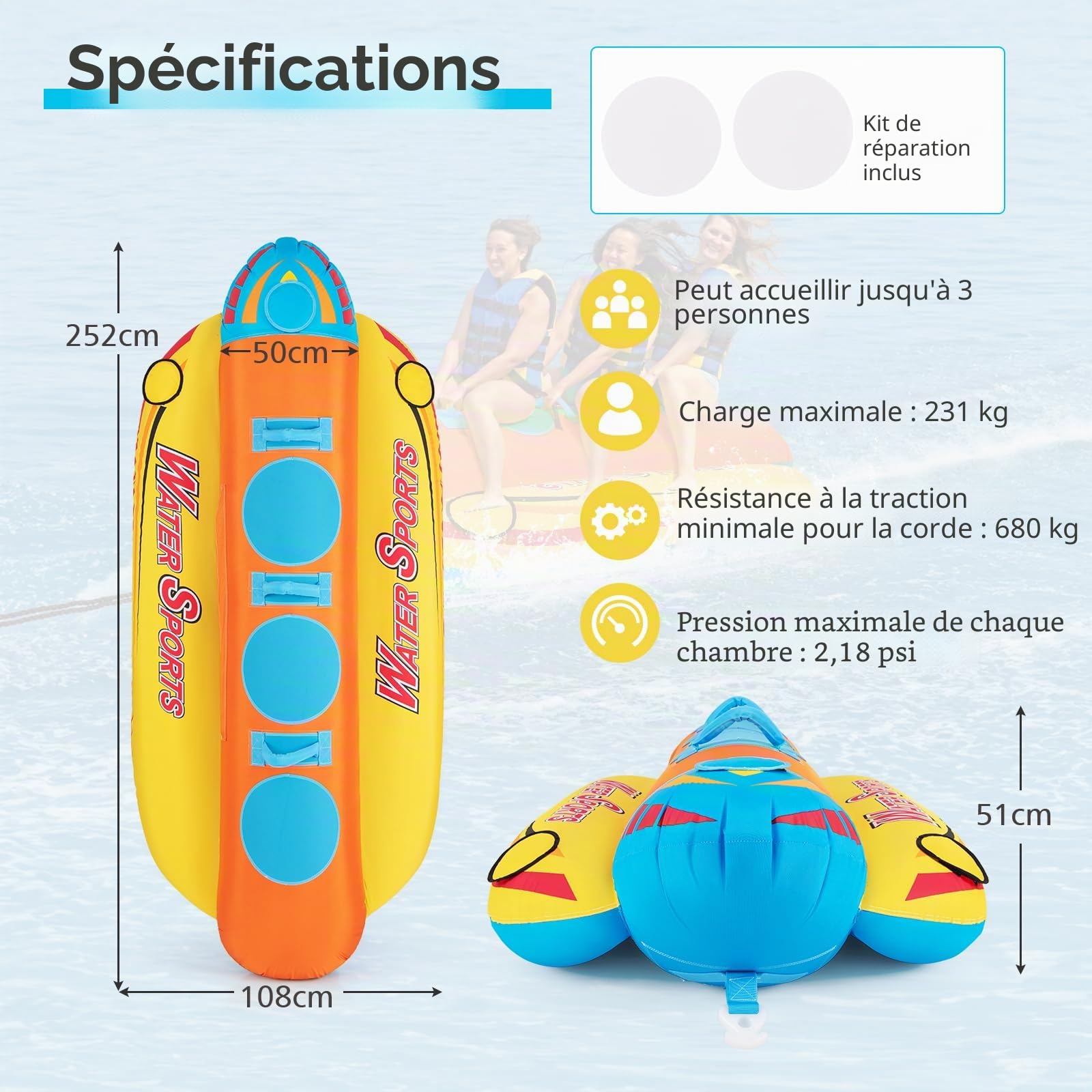 HOMASIS Bateau banane gonflable pour 3 personnes, avec 3 poignées et système de remorquage, sports nautiques Funtube jusqu'à 231 kg, 252 x 108 x 51 cm