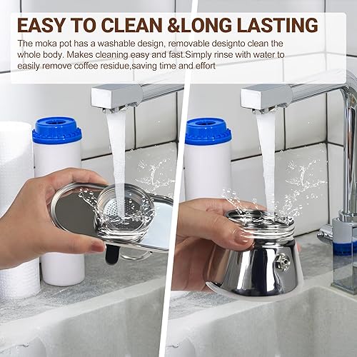 Miniatura 8 de 2 tazas de doble tubo Moka Pot de acero inoxidable para estufa de café expreso Cafeteras italianas Percolador Espress Maker Capaz Greca Mocha