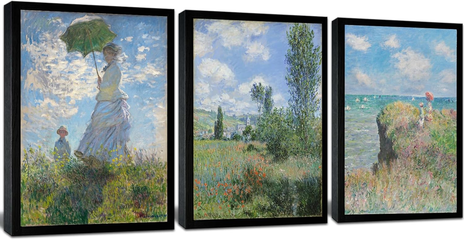Woman with a Parasol by Claude Monet Canvas Wall Art, Oil Painting Impressionism Classic Artwork Pictures with Black Framed for Home Decor - 16"x24"