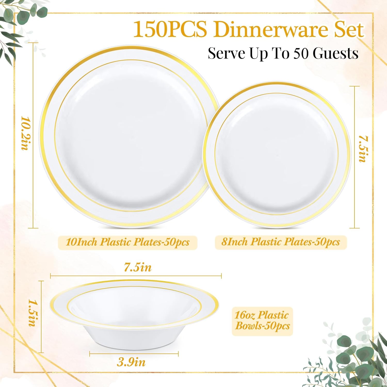 Havawish 150 Pcs Gold Disposable Plastic Plates and Bowls Sets for 50 Guests, Dinnerware Set with Gold Rim 50 Plates 50 Dessert Plate 50 Bowls for Wedding Anniversary Birthday Party